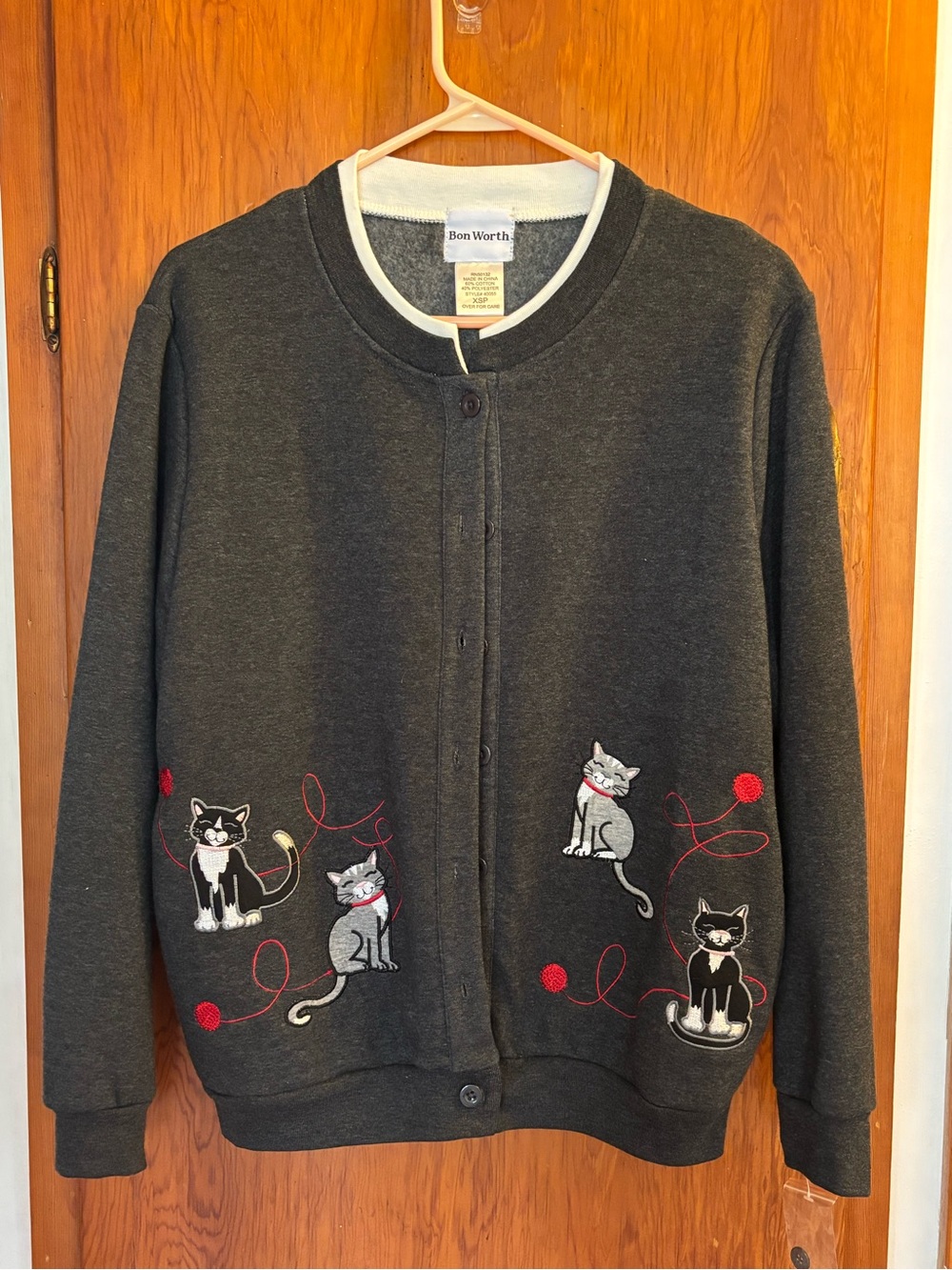 Bon Worth Charcoal Gray Cardigan with Embroidered Cats and Red Yarn Accents